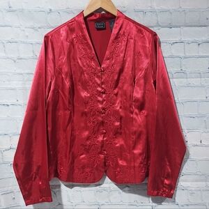 Oriental Asian Size 16 Blouse Top Red Beaded Floral Embroidered Button Front